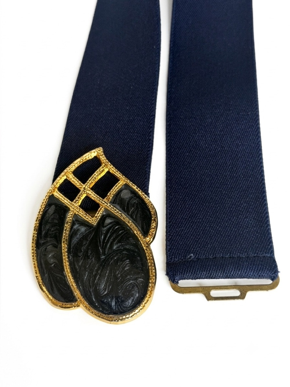 Vintage 80s Day-Lor Navy Stretch Belt Ornate Gold & Enamel Sz Medium - Picture 2 of 8